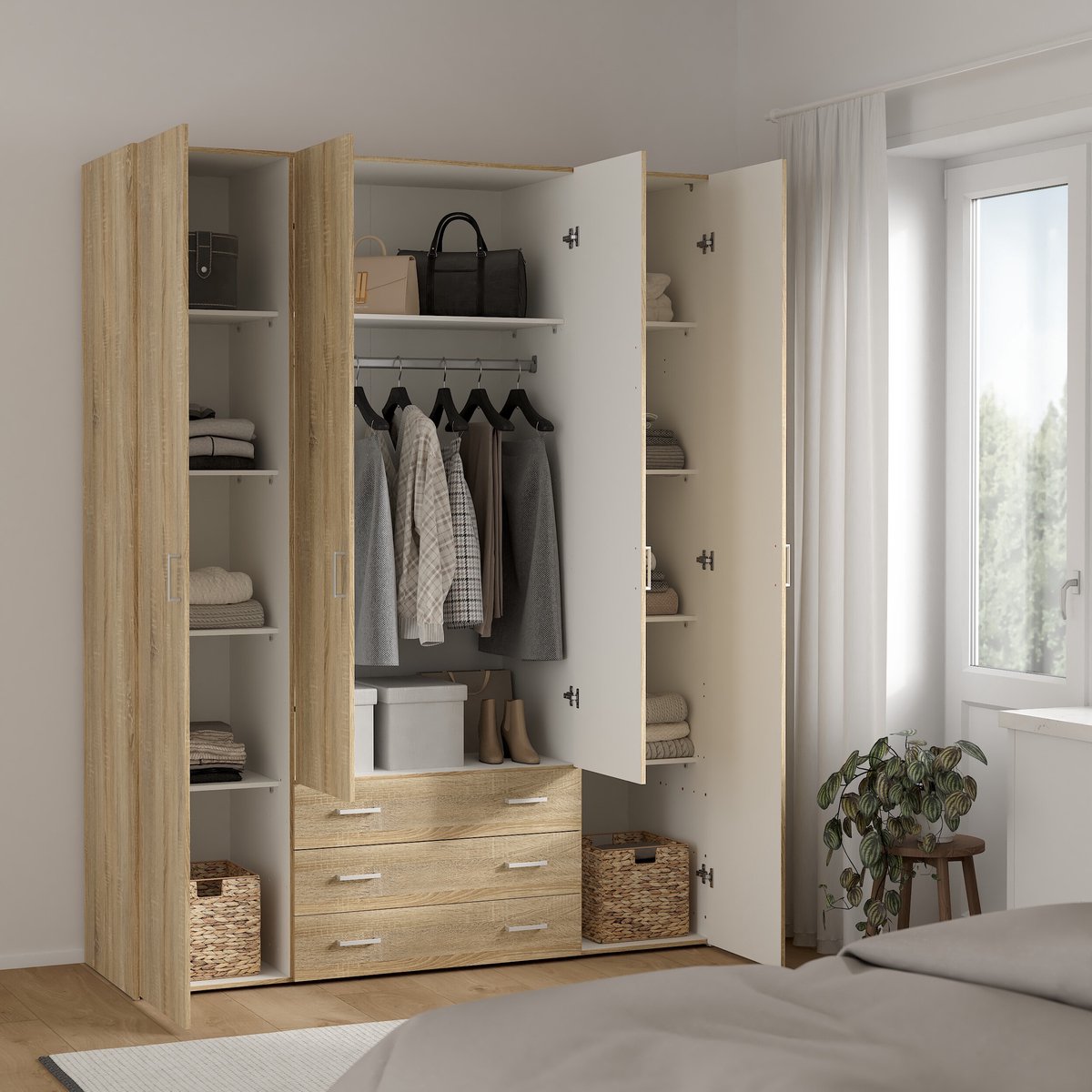 Giga Living Kledingkast Harper XL - Eiken houtlook met roede en lades Hout - Eiken/Hout - Naturel