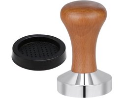 Koffietamper met houten handvat en siliconen mat - 51 mm - roestvrij staal - espresso tamper - Barista Style - stevige kwaliteit - handig formaat.