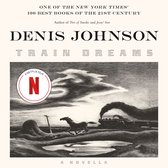 Boekomslag met "Train Dreams" van Denis Johnson. Een Netflix-film en een van de beste boeken van de 21e eeuw. Zwart-wit illustratie van een trein en een paard.