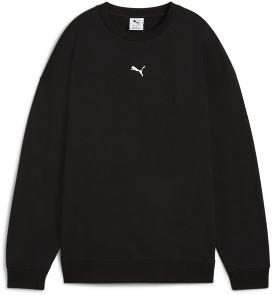 Zwart PUMA oversized sweatshirt met ronde hals, voorzien van een klein wit PUMA-logo op de borst.
