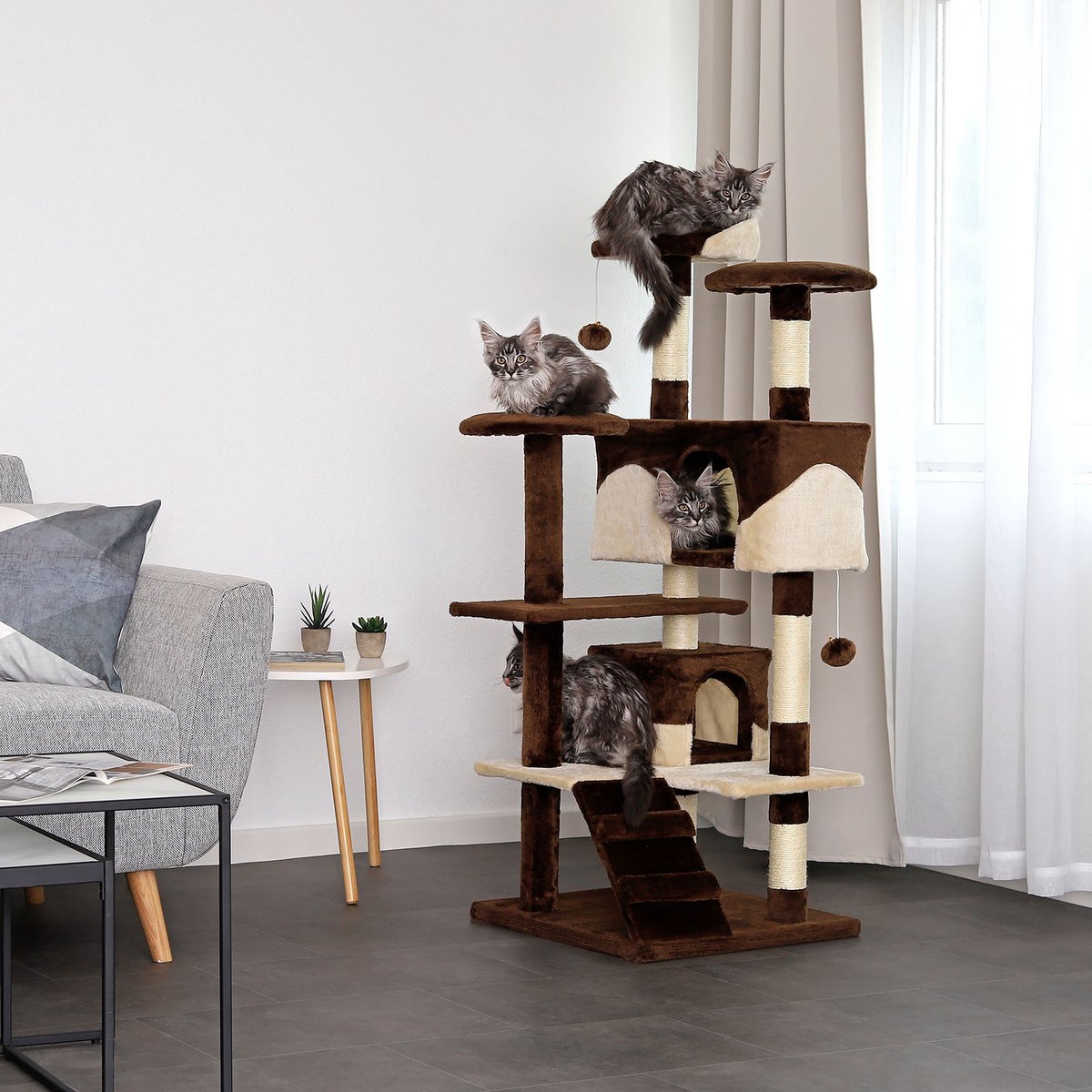 lionto Kattenkrabpaal 130 cm groot, met trap, grot & speelballen, bruin/beige thumbnail 6