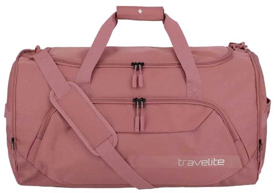 Roze Travelite reistas met twee handvatten, schouderband en ritsvakken.