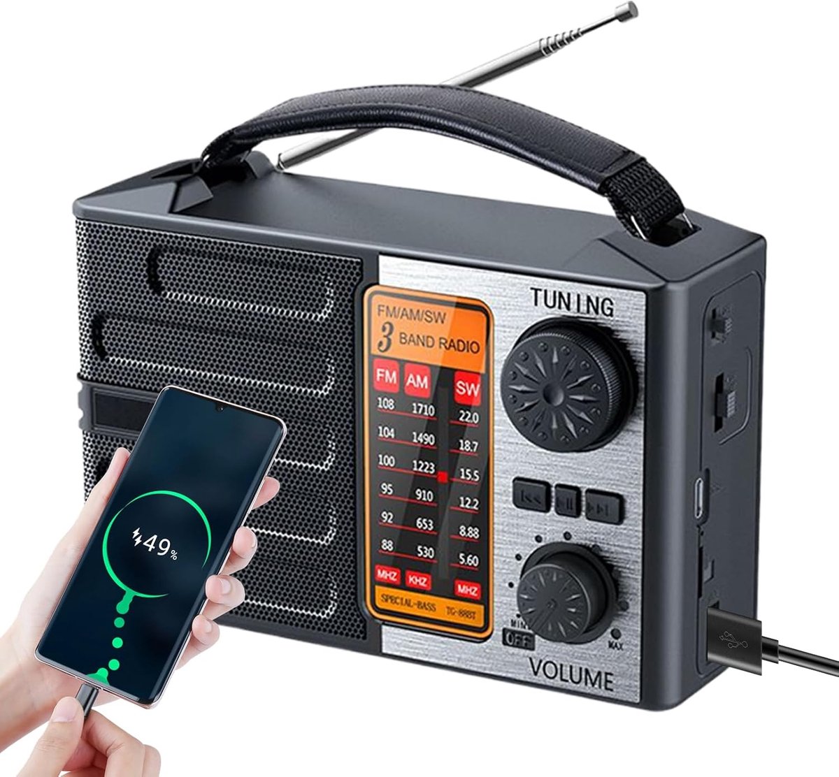 Weerradio met Alarm - Draagbare Ontvanger - Noodsituaties Buiten - Zonne- en Type-C Opladen - 17x10x6 cm
