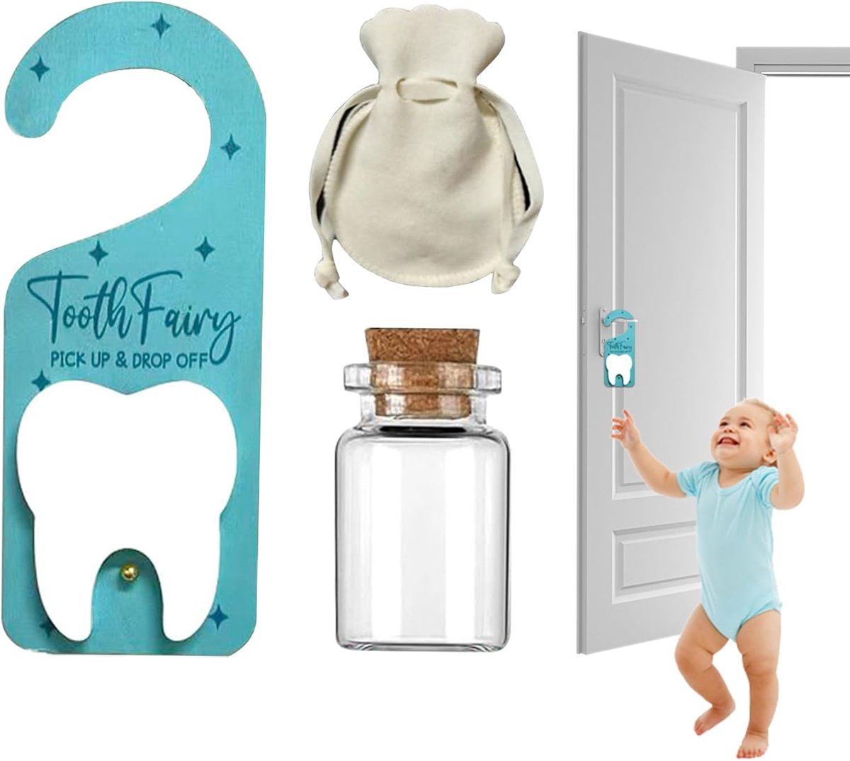 Kledinghaak Tandfee - Houten Opberger - Herinneringen Kindertijd - Deurhanger met Tas - 25 x 10 cm