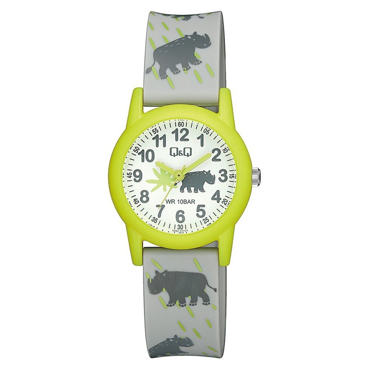 QQ V22A-017VY - Horloge - Polshorloge - Sport - Analoog - Kinderen - Unisex - Plastic band - Rond - Kunststof - Cijfers - Neushoorn - Grijs - Geel - Wit - 10 ATM