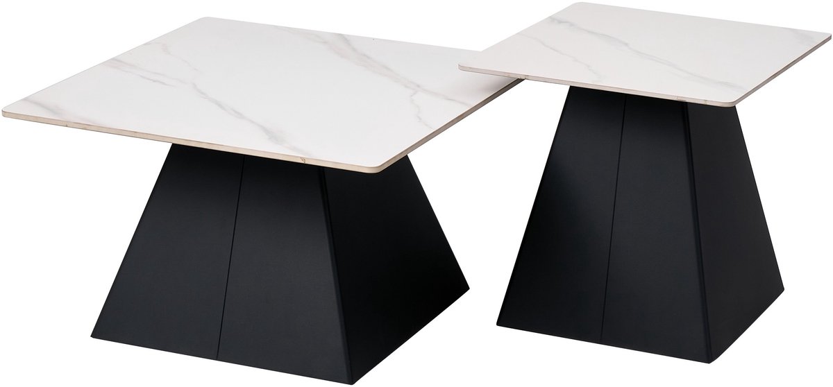 ExitoDesign MAVIA Serie - Witte Salontafelset - 2 Tafels - Kwartskomposiet Blad - Zwart Metalen Onderstel