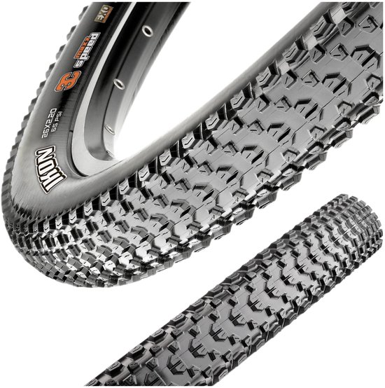 Twee zwarte Maxxis Ikon fietsbanden, 27.5x2.20, met gedetailleerd profiel en informatie op de zijkant.