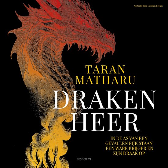 Couverture du livre "Drakenheer" avec une tête de dragon rouge et jaune, traduit par Gerdien Beelen.