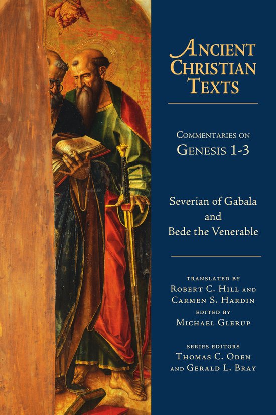 Boekomslag van 'Ancient Christian Texts: Commentaries on Genesis 1-3' met een schildering van twee mannen met baarden, een boek en een zwaard.