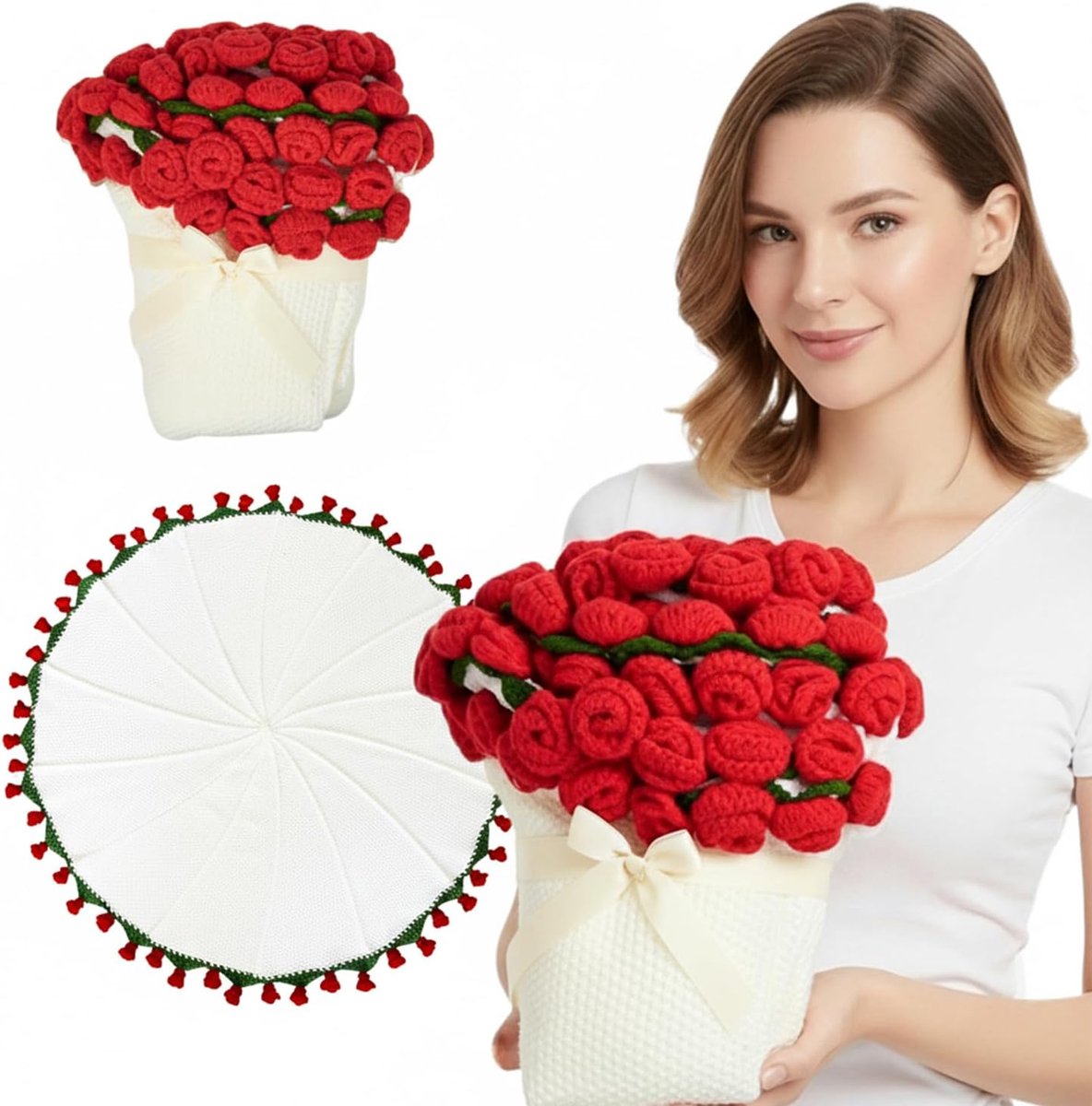 Gehaakt Rozenboeket - Bloemen Decoratie - Tijdloos Cadeau - Met 68 Rozen - 110 x 110 cm - Rood