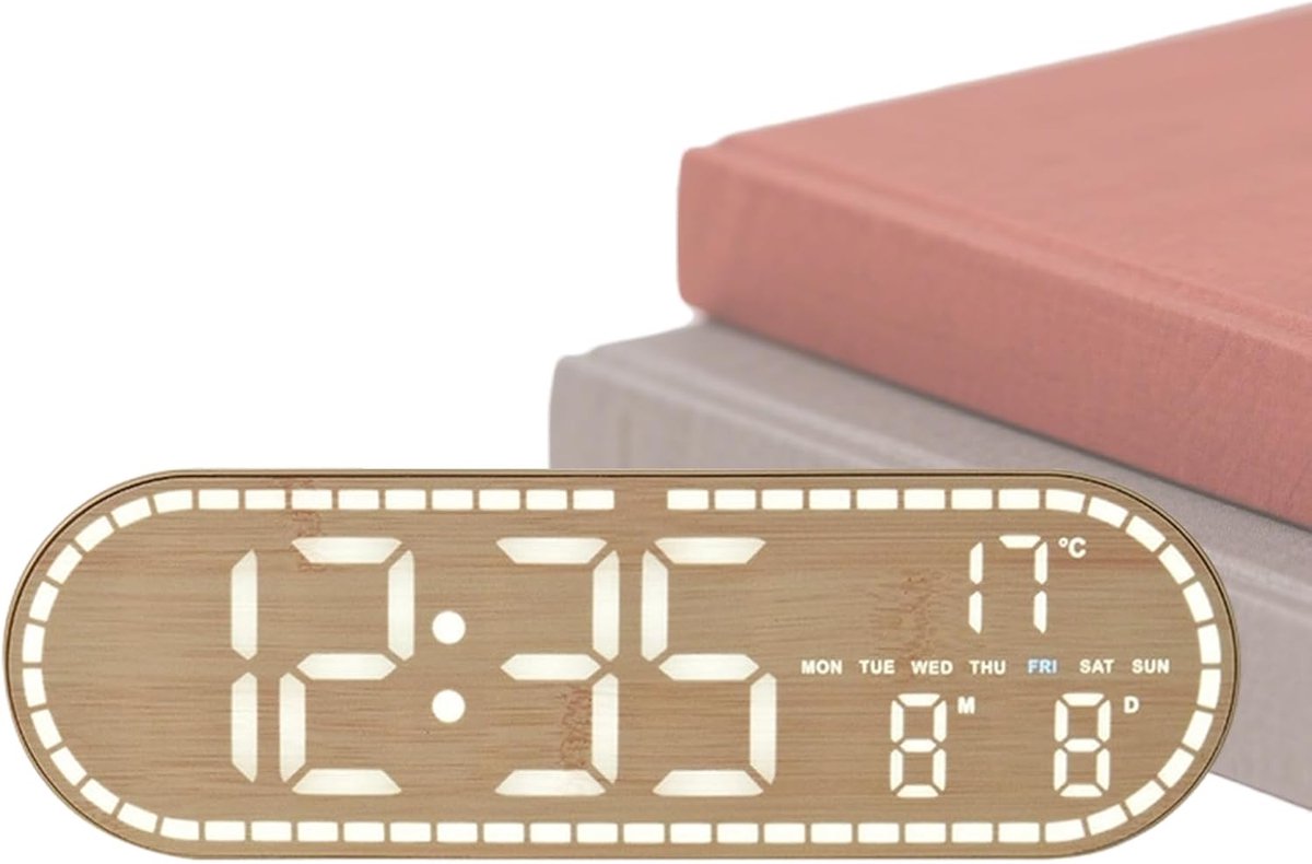 Digitale Wandklok - LED Alarmklok - Tijd Weergeven - Datum Temperatuur - 25x8x2.7cm - Geel