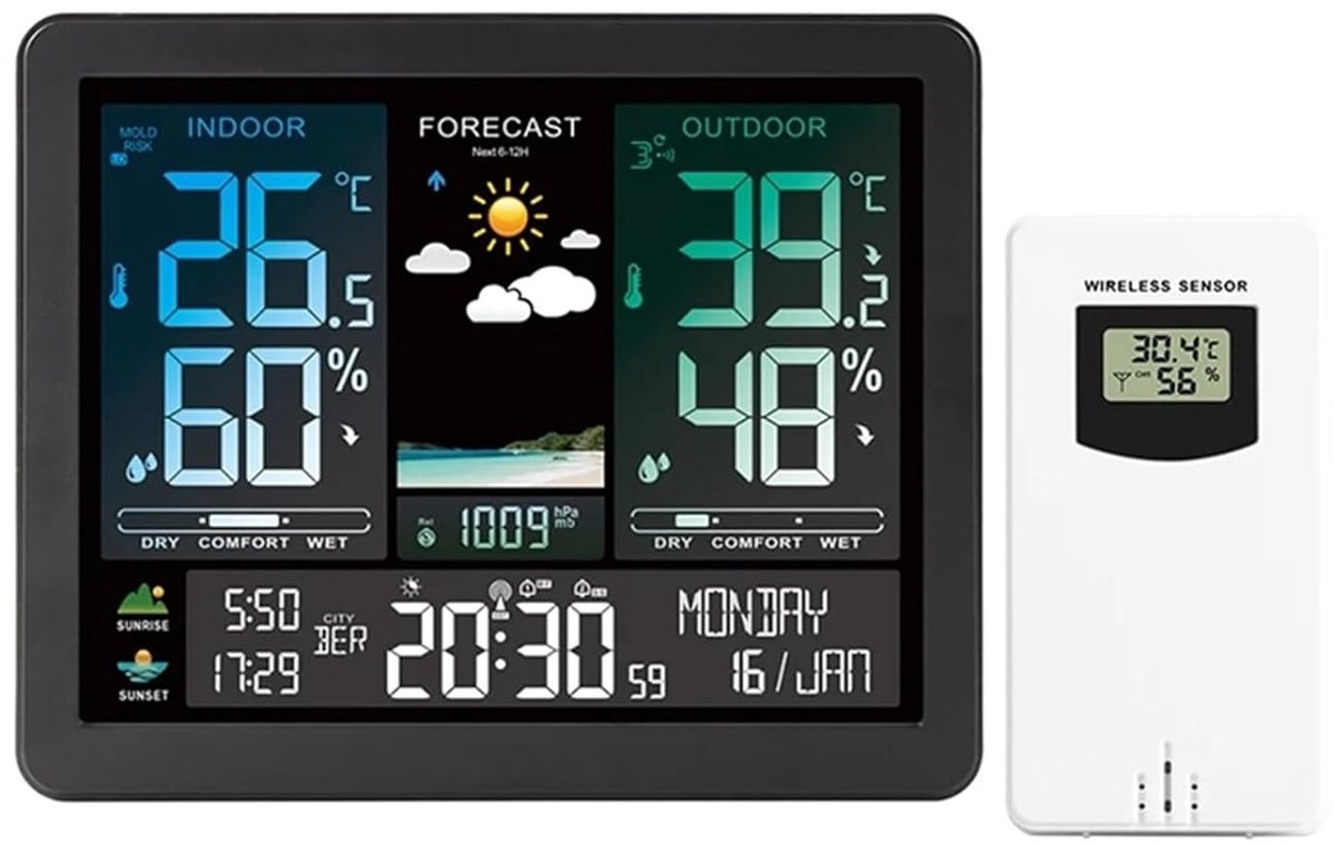 Draadloos Weerstation - Digitale Klok - Binnen Buiten Meten - Trendvoorspelling Barometer - 7 Inch Scherm - One Color