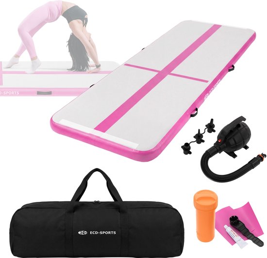Opblaasbare turnmat 3m, roze, 10 cm dik, yogamat fitnessmat pilatesmat incl. draagtas & elektrische luchtpomp