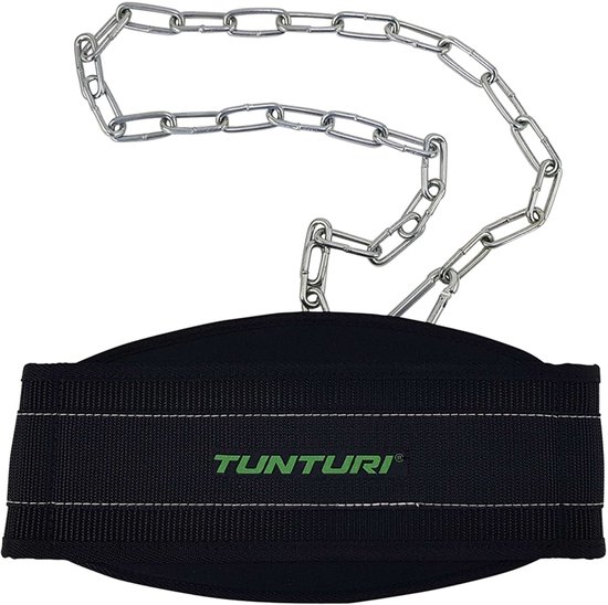 Zwarte diptrainingsriem met groene Tunturi-logo en dikke ketting.