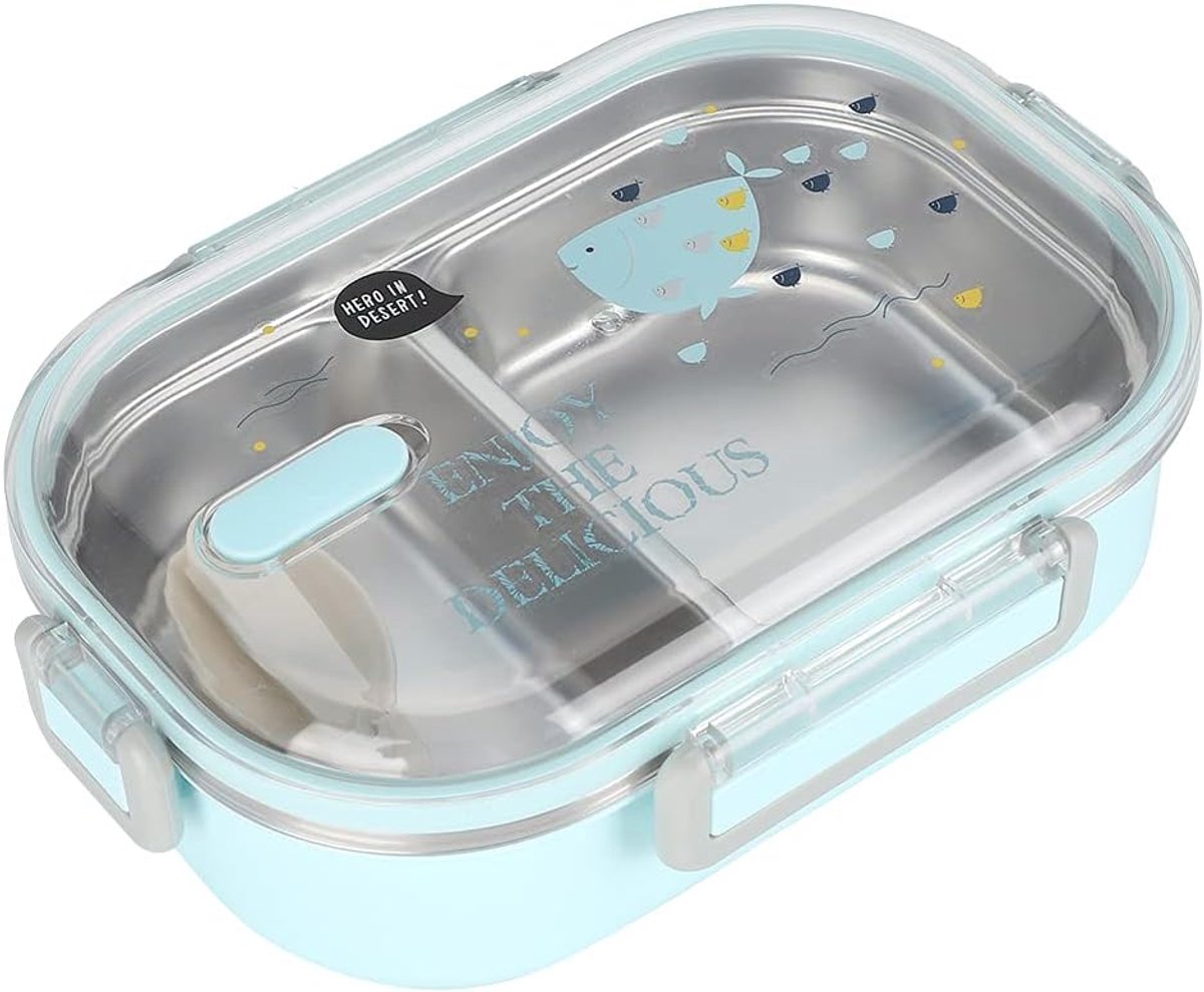 Lunchbox met Lepel - Bento Box - Kantoor en Reizen - Dubbel Clipontwerp - 21x15x6cm - Blauw