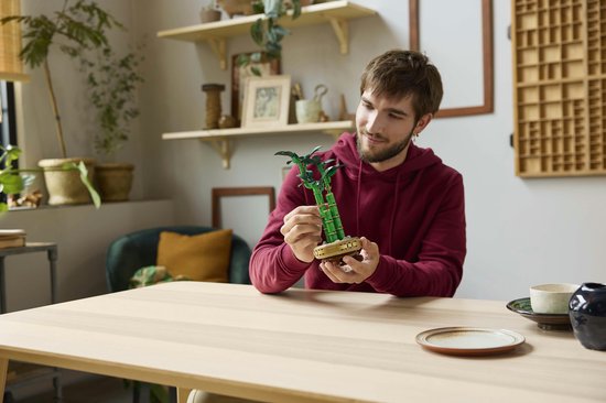 Homme tenant une plante de bambou LEGO verte dans un pot doré avec des pierres.