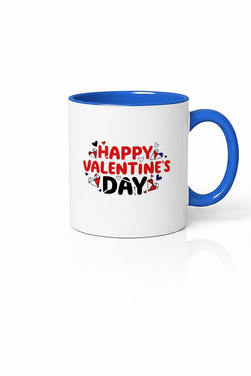 Valentijnsdag Mok Happy Valentine's Day - Romantisch Cadeau met Hartjes en Blauw Handvat