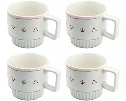Set van 4 Stapelbare Porseleinen Koffiekopjes - 360ml Cappuccino & Latte Mokken met Bloemendecor