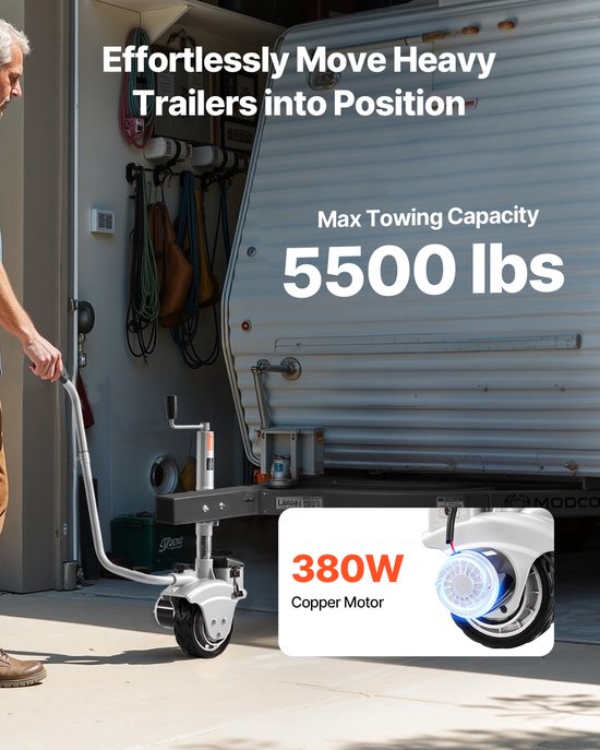 Elektrische aanhangwagen dolly met een trekvermogen van 2,5 ton, 380 W 12 V gemotoriseerd neuswiel, snelheid van 7 m/min, verstelbare klemhoogte (31-63 cm) en 20,3 cm rubberen band voor het vervoeren van caravans en boten. van Merkloos	 — afbeelding 3