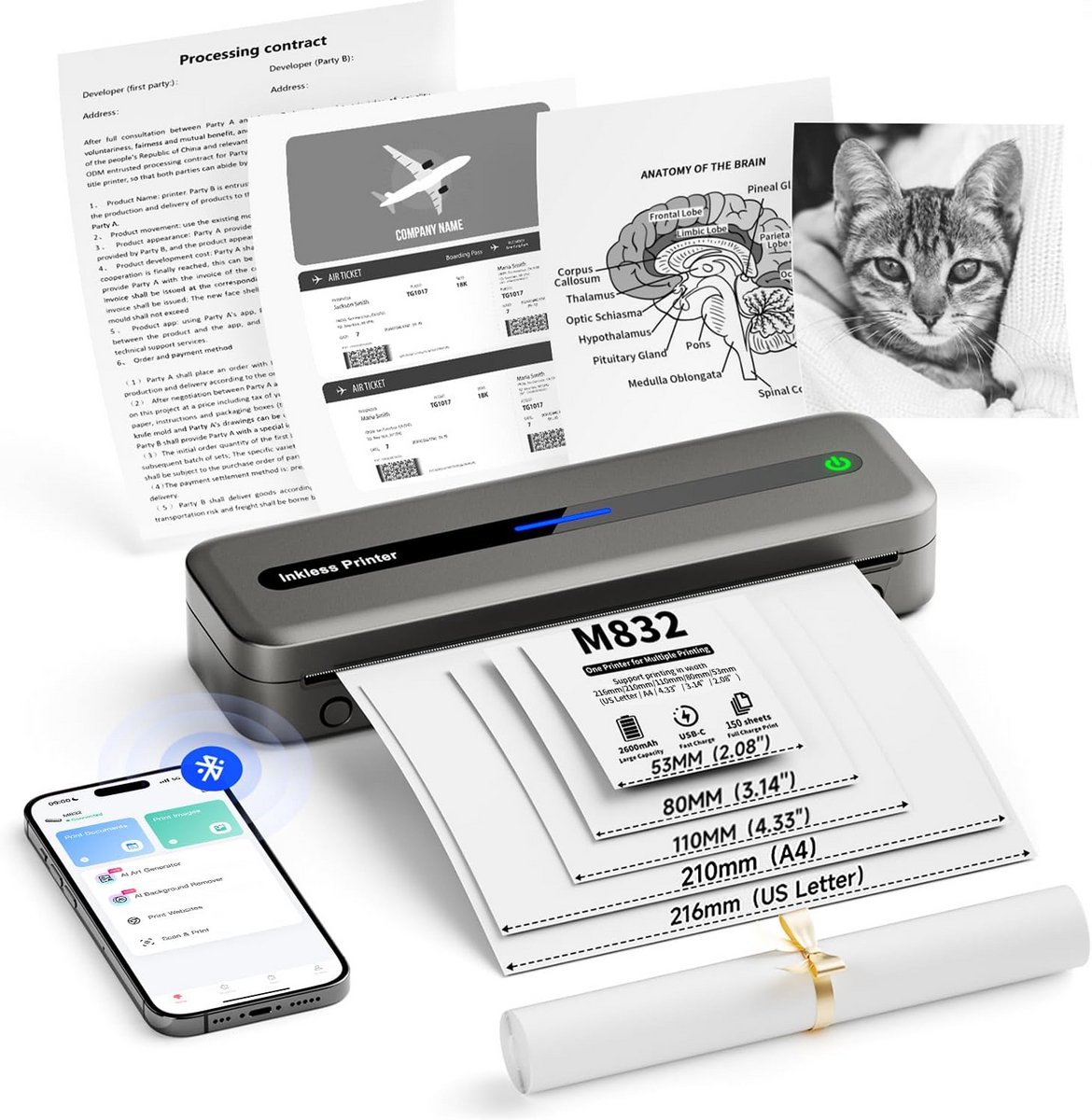 Draagbare Thermische Printer A4 Zwart-Wit voor Mobiel en Laptop