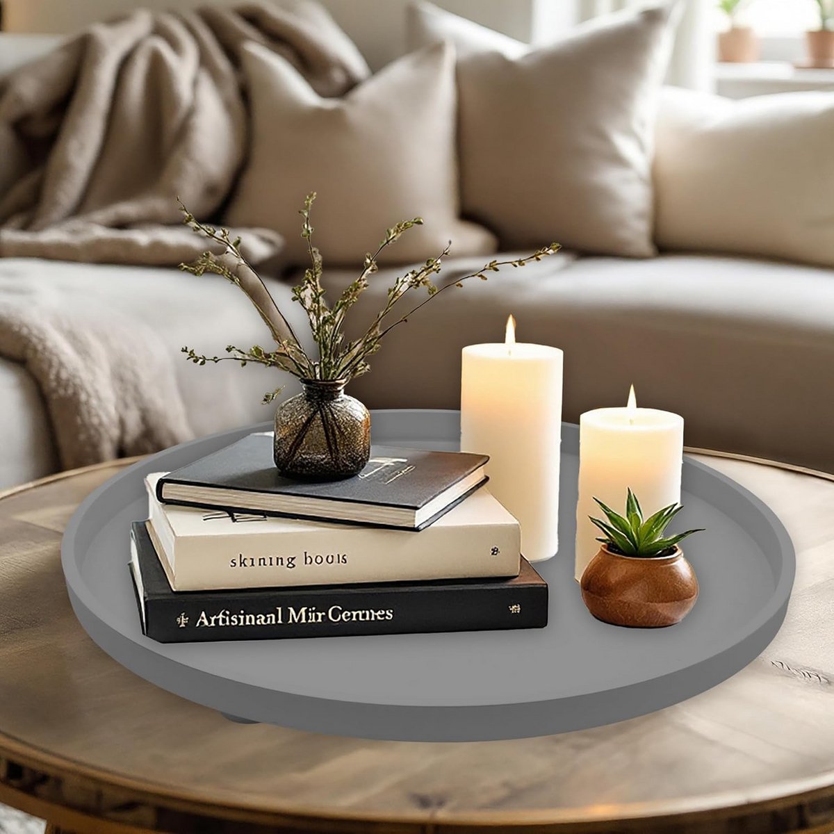 Extra Groot Rond Decoratief Dienblad op Poten Hout Grijs met Rand 38 cm — cadeau in Wonen & Interieur - foto 2