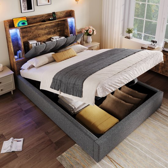 Lit de rangement REDOM 90x200x92 cm en lin et MDF, bande lumineuse LED et USB/Type-C