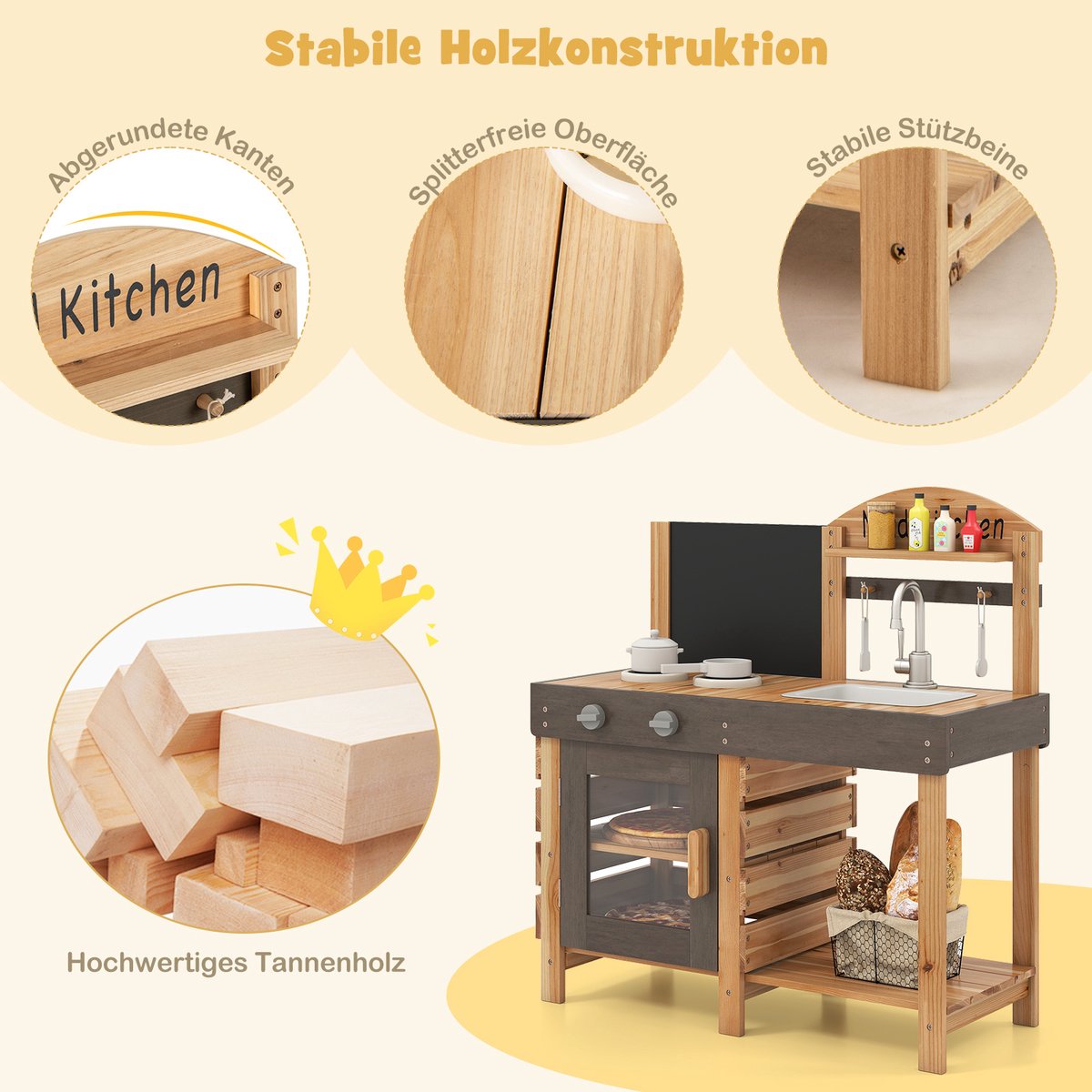 COSTWAY Modderkeuken voor kinderen, outdoor, kinderkeuken, hout met tafel, fornuizen en gootsteen, speelkeuken met kraan en oven, outdoorkeuken incl. accessoires voor kinderen vanaf 3 jaar — afbeelding 3