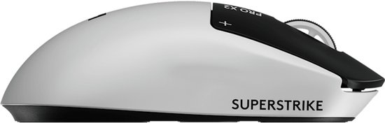 Witte draadloze gamingmuis met zwarte knoppen en scrollwiel. Zijkant toont 'SUPERSTRIKE'.