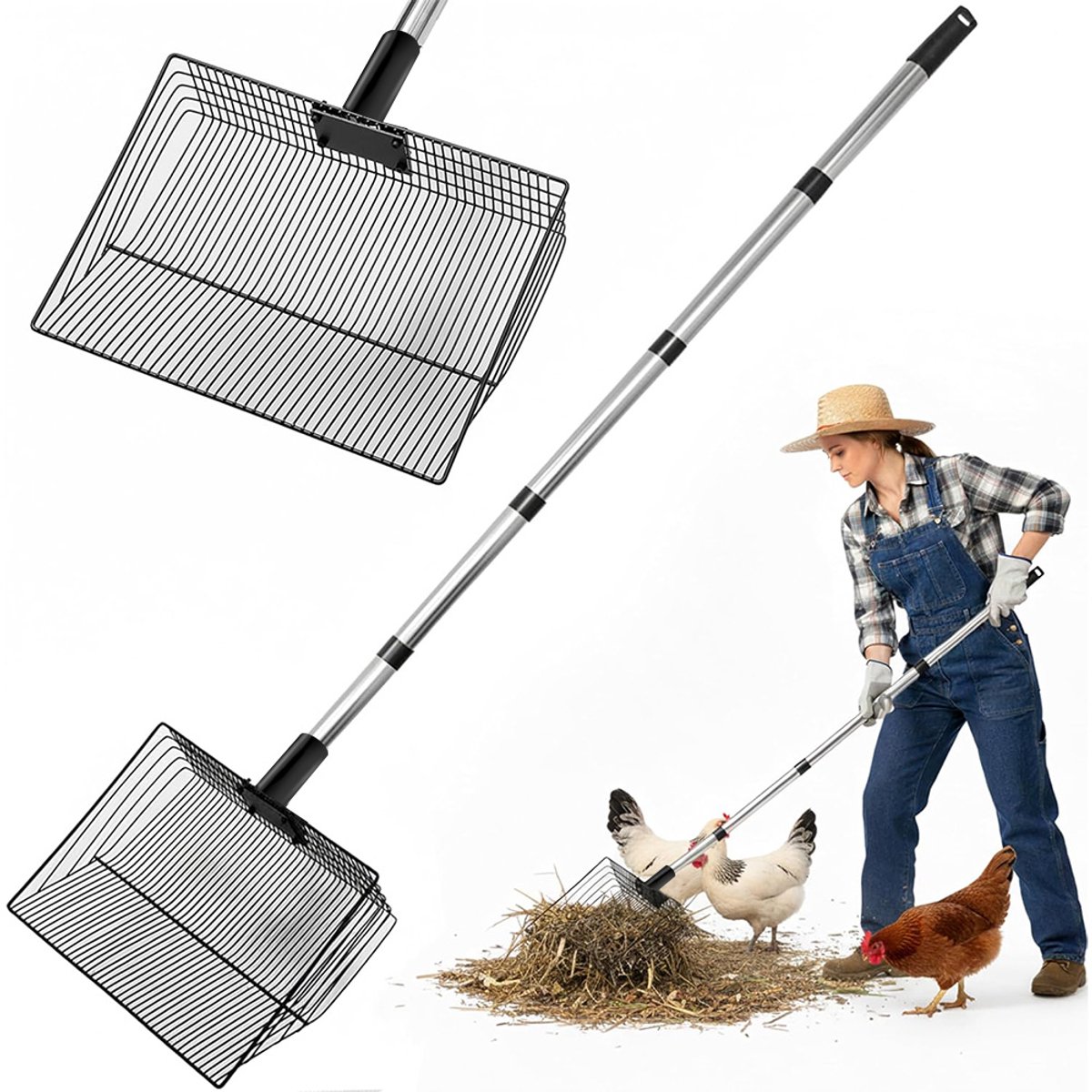 Grote Kippenmestschep van 38 cm - Kippenhokschep - met Verstelbare Roestvrijstalen Steel van 96,5 cm Tot 193 cm - Geschikt voor Het Schoonmaken van Kippenhokken, Boerderijen, Schapenstallen, Kattenbakken en Stallen