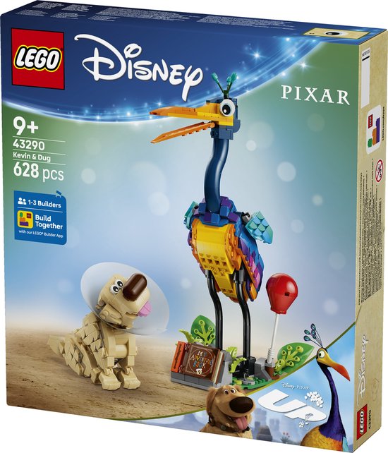 Emballage de l'ensemble LEGO Disney Kevin & Dug avec l'oiseau coloré Kevin et le chien Dug avec une collerette.