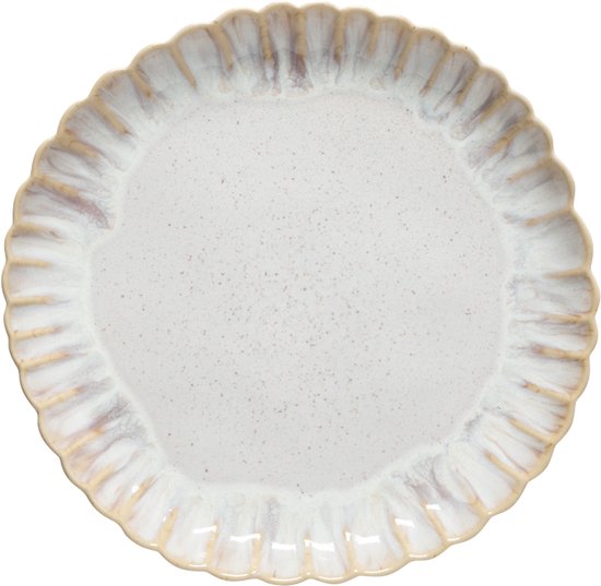 Crèmekleurig dinerbord met geribbelde rand en goudkleurige accenten.