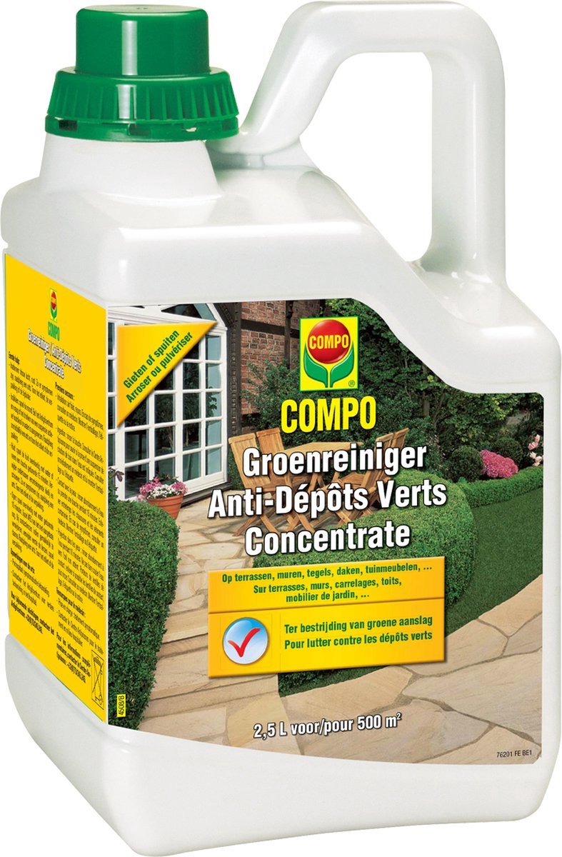 COMPO Groenreiniger Concentrate - tegen groene aanslag - op terrassen, muren, tegels, daken, tuinmeubelen, ... - bidon 2,5L (500 m²)