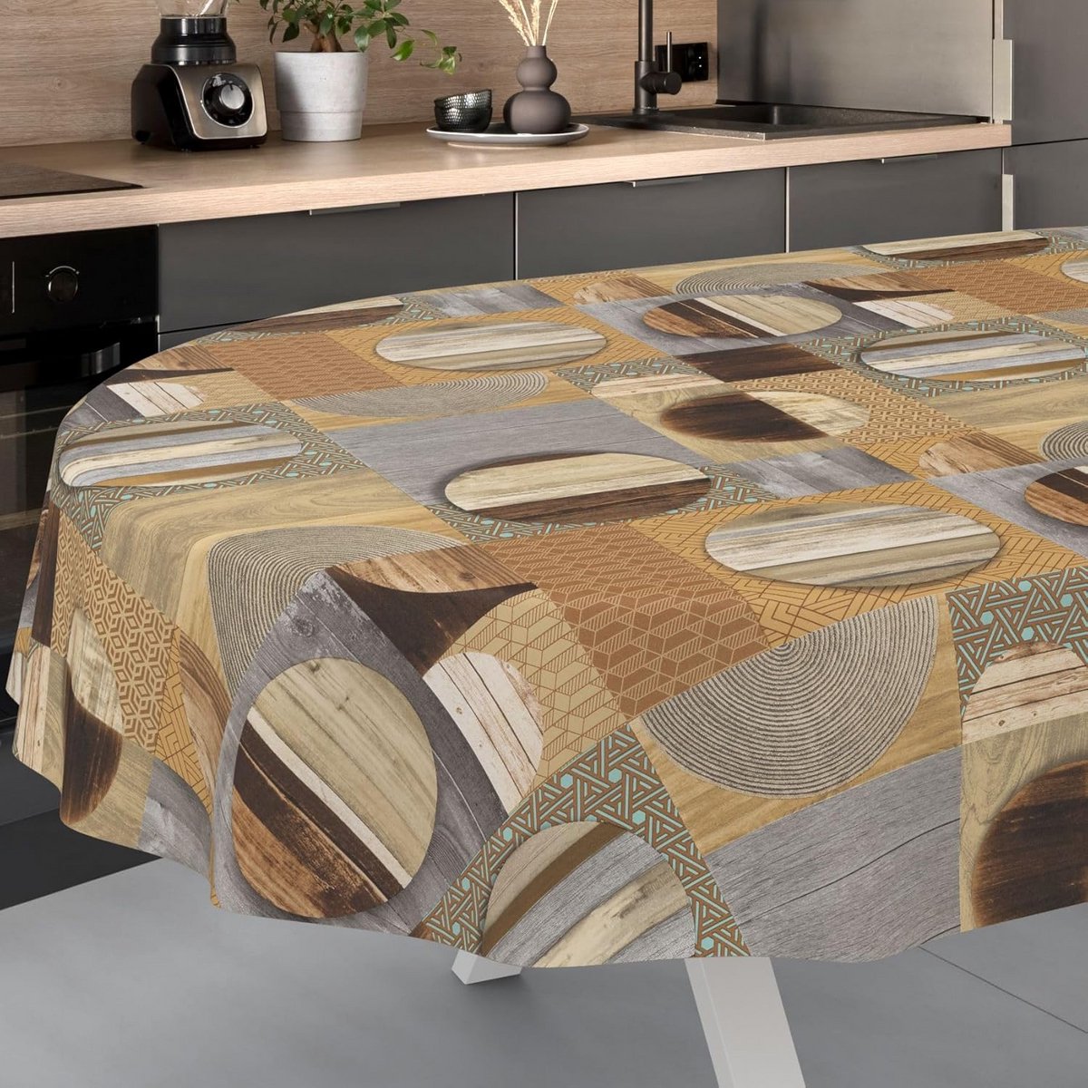 Wasdoek Tafelkleed Ovaal Houtlook Patchwork Waterafstotend Afwasbaar 280 x 140 cm