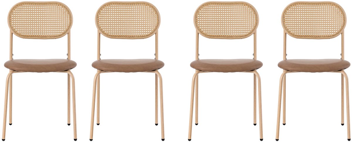 Merax Eetkamerstoelen Set van 4 – Rotan Ovale Rugleuning – PU Zitting – Metalen Poten – Bruin – Moderne Stoelenset