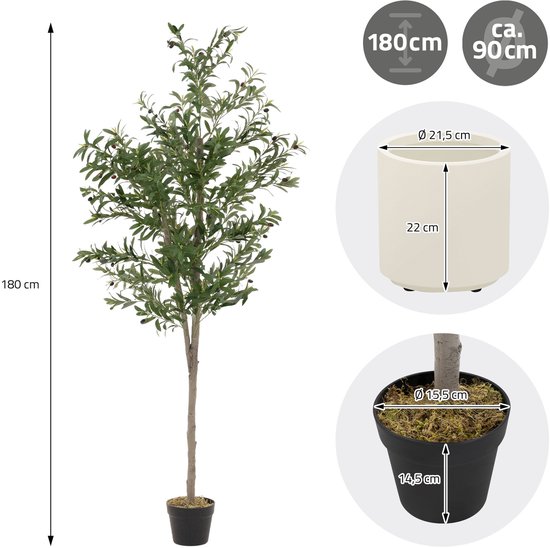 Olivier artificiel 180 cm plante artificielle avec tronc en bois naturel et fruits design ML