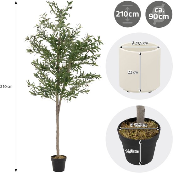 Olivier artificiel 210 cm plante artificielle avec tronc en bois naturel et fruits design ML