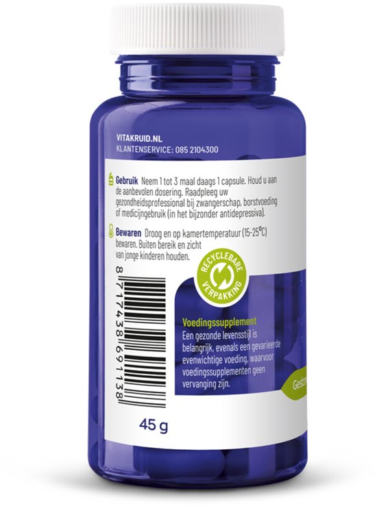 Blauwe pot met een etiket dat het gebruik, de waarschuwingen en de recyclebare verpakking vermeldt. Gewicht 45g.