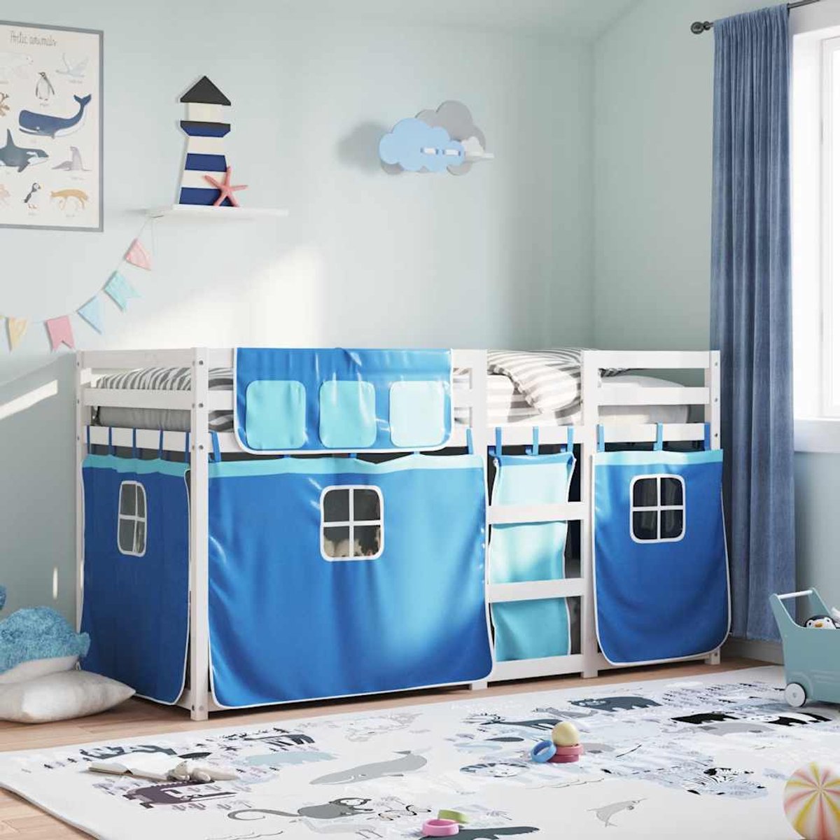 vidaXL Stapelbed - met - gordijnen - 80x200 - cm - massief - grenenhout - blauw