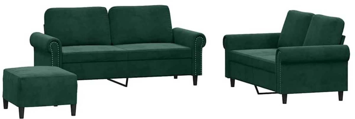 vidaXL - 3-delige - Loungeset - met - kussens - fluweel - donkergroen