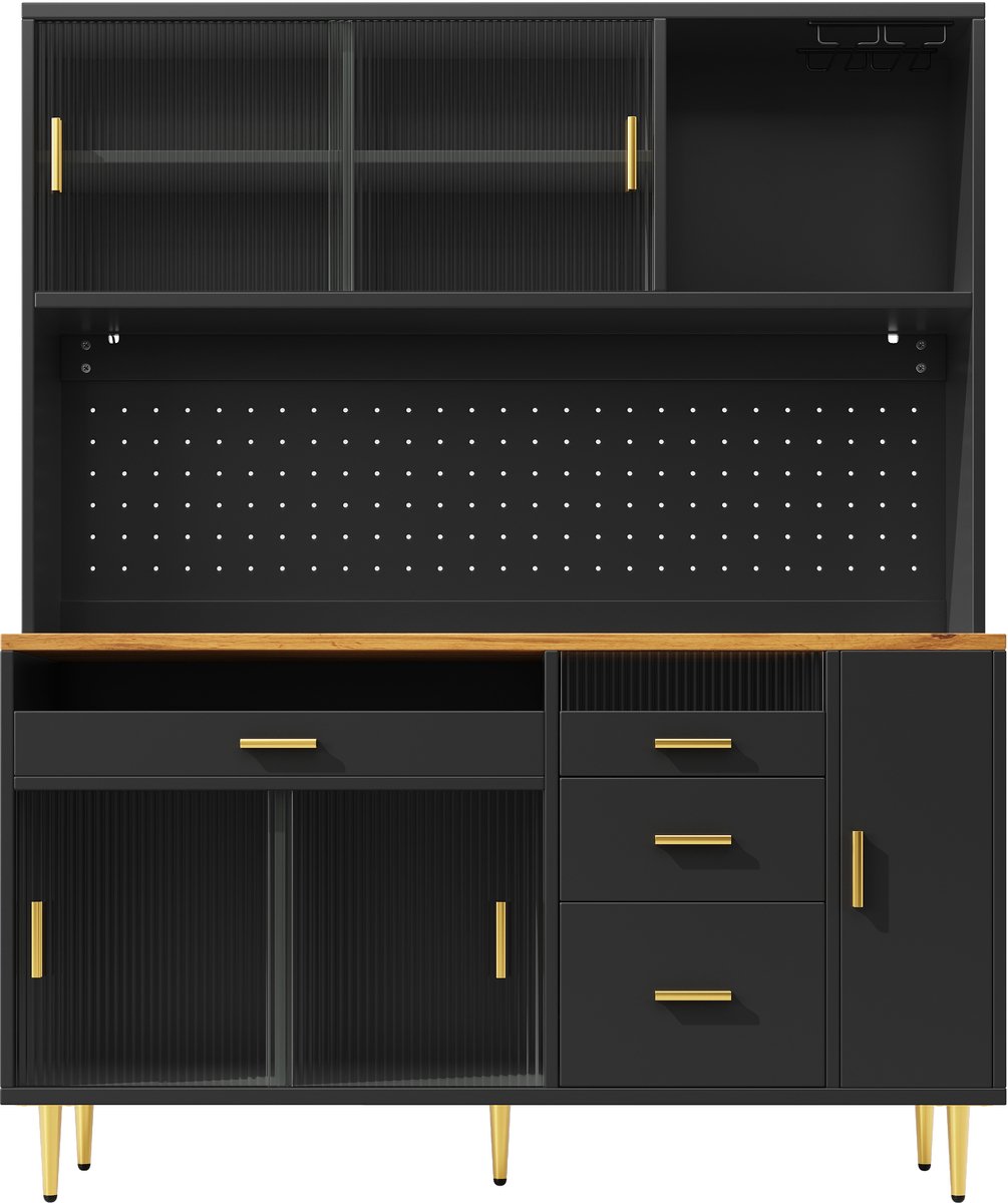 Woonkamer hoge kasten (145x39x171cm), keukenkast, eetkamerkast, kasten met LED-verlichting, hoge kast met plankwanden, zwart