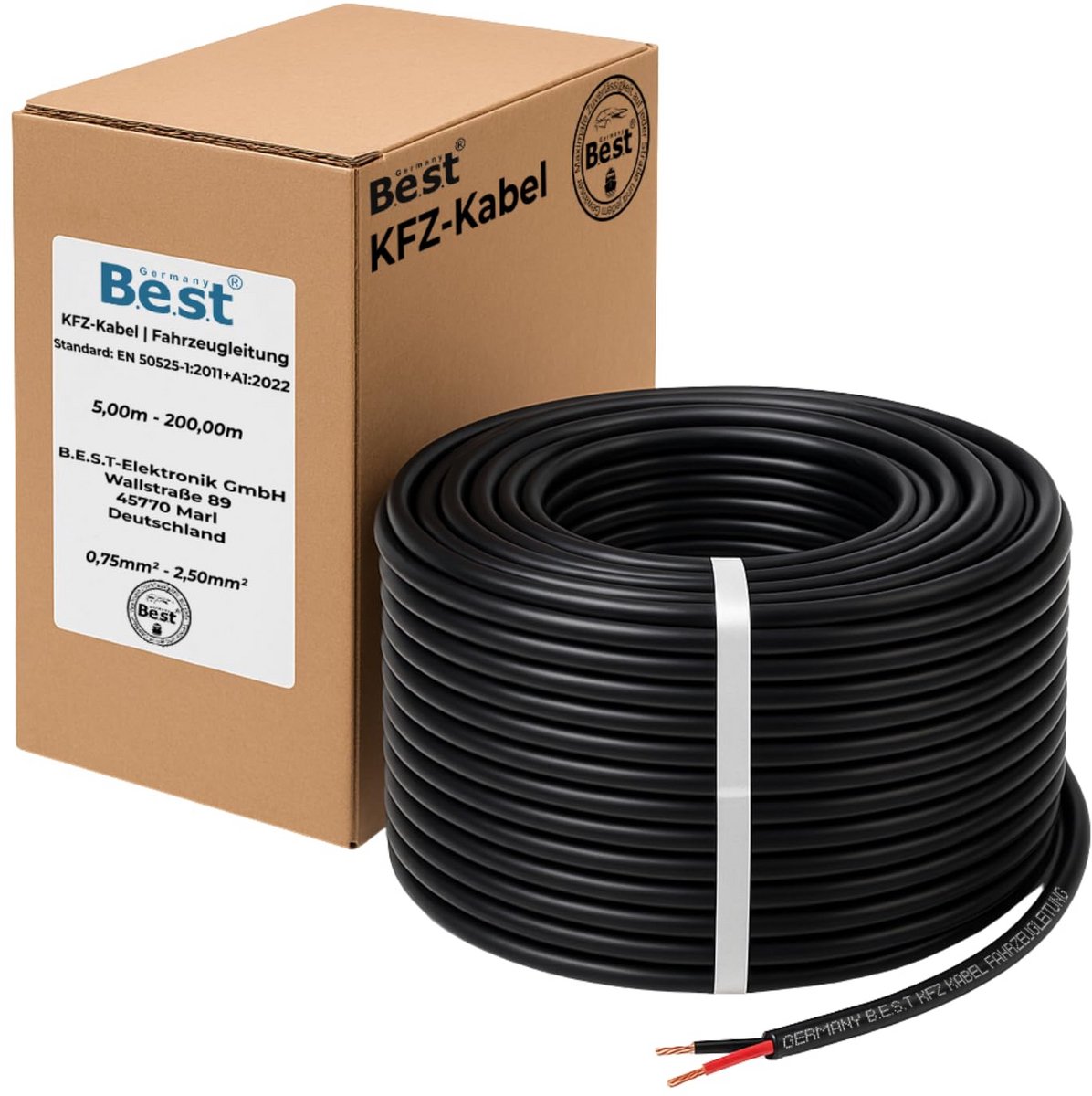 Platte 2-aderige voertuigkabel 2x2,5 mm² voor auto en boot, 100 meter