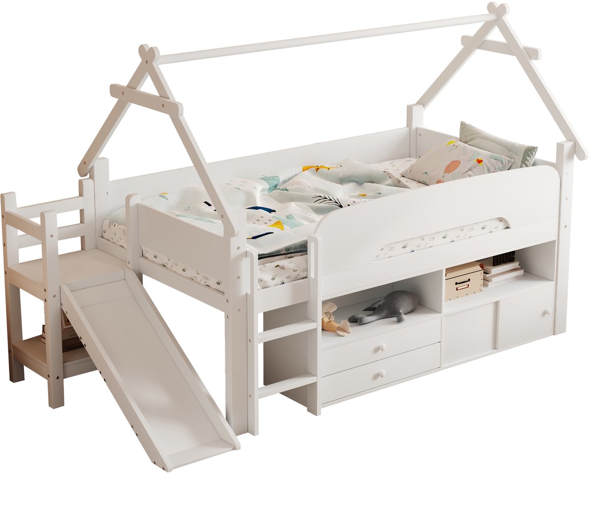 REDOM Kinderhoogslaper – 90x200 cm – Met Glijbaan & Dakframe – Veiligheidshekje – Laden & Schuifdeurkast – Massief Hout – Wit
