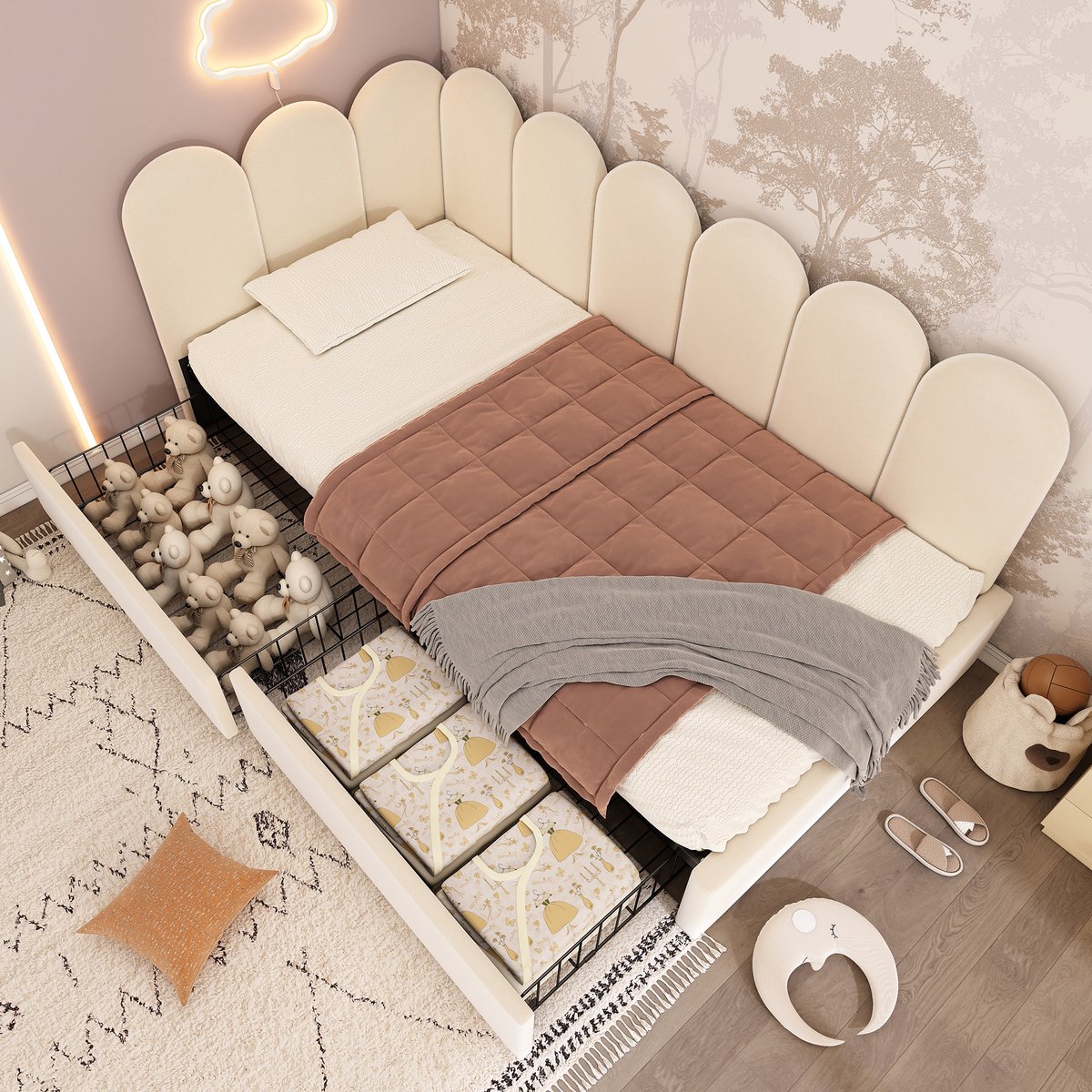 REDOM gestoffeerd eenpersoonsbed 90x200 cm – Fluweel beige – L-vormig, 2 lades, antislip latten – 136 kg