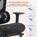 Gedetailleerde close-up van de 3D-verstelbare armleuning van een zwarte bureaustoel. Tekst: '3D adjustable armrest'.