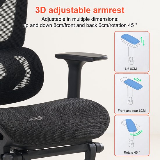 Gedetailleerde close-up van de 3D-verstelbare armleuning van een zwarte bureaustoel. Tekst: '3D adjustable armrest'.
