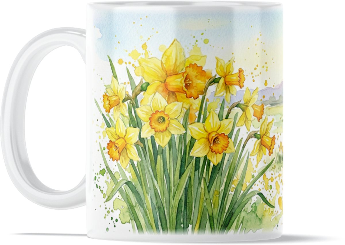 Kleurrijke Koffiemok met Gele Narcissen - Vrolijke Lente Bloemen Print voor op Kantoor & Thuiswerkplek - Uit de Exclusieve "Aquarel Series" - Een Prachtig Voorjaars Cadeau voor haar: Vrouw, Vriendin of Collega - Stijlvolle Gele Bloemen Mok