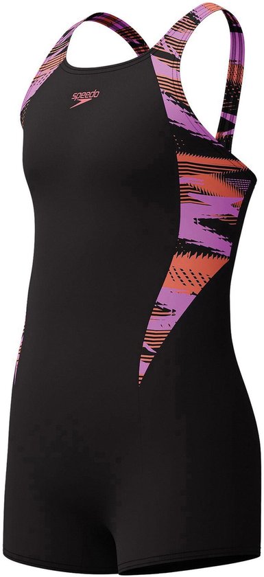 Zwart Speedo badpak met een multicolor print op de schouderbanden en zijkanten.