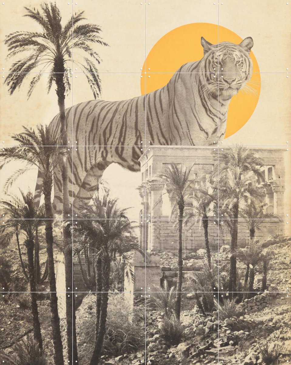 IXXI Giant Tiger in Ruins, Florent Bodart - 80 x 100 cm - Gratis ophangtool - Grote wanddecoratie en posters - Vintage, Gemengde Technieken