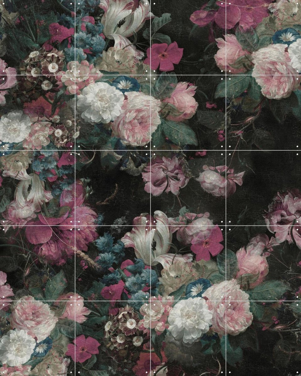 IXXI Moody Baroque Florals, Bloomery Decor - 80 x 100 cm - Gratis ophangtool - Grote wanddecoratie en posters - Klassiek, Vintage, Woonkamer