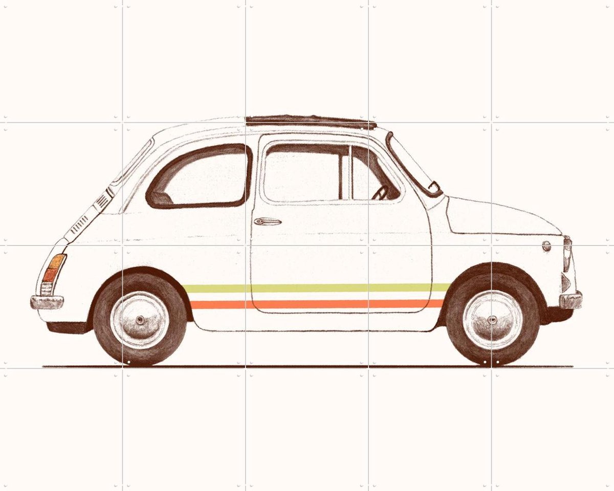 IXXI Fiat 500, Florent Bodart - 100 x 80 cm - Gratis ophangtool - Grote wanddecoratie en posters - Vintage, Line art, Retro, Illustraties, Grafisch